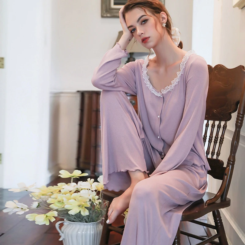 

Women Pajamas Set 2021 Spring Models Long-Sleeve Trousers Knitted Solid Color Sweet Home Service Suit Sexy Lace Trim Pajamas
