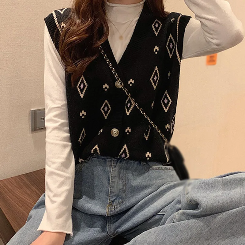 

Женский вязаный свитер, жилет, Свободный пуловер, блузка с ромбовидным вырезом, кардиган без рукавов, куртка, новинка 2021
