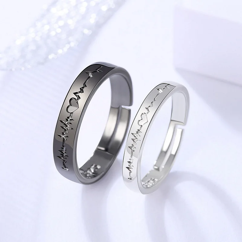 

2Pcs Love Heart Electrocardiogram Couple Open Rings For Women Men Lover Black Silver Color Heartbeat Ring Engagement Wedding