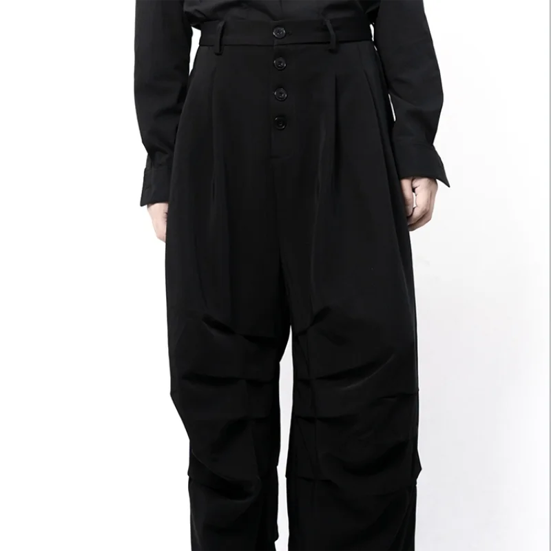 Japanese style men's wide-leg skirt drape pleats black super loose slacks