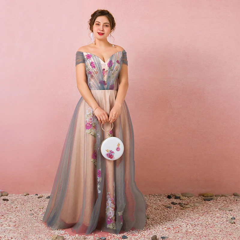 

Flowers Embroidery Boat Neck Evening Dress Lace Up A-Line Off The Shoulder Floor-Length New Plus Size Women Formal Gowns D819