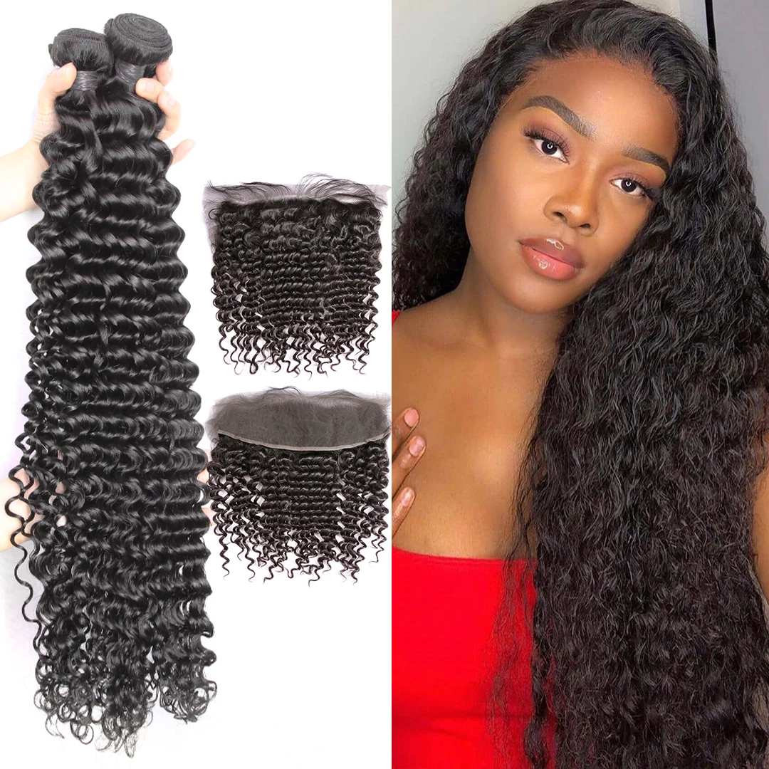 

Deep Wave Bundles With Frontal 8-30 40Inches Brazilian Hair Weave Bundles With Closure Remy Hair Frontal With Bundles DJSbeauty