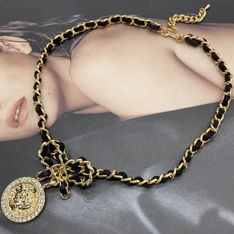 

European and American leather diamond knotted pendant bowknot head coin double neck strap clavicle chain