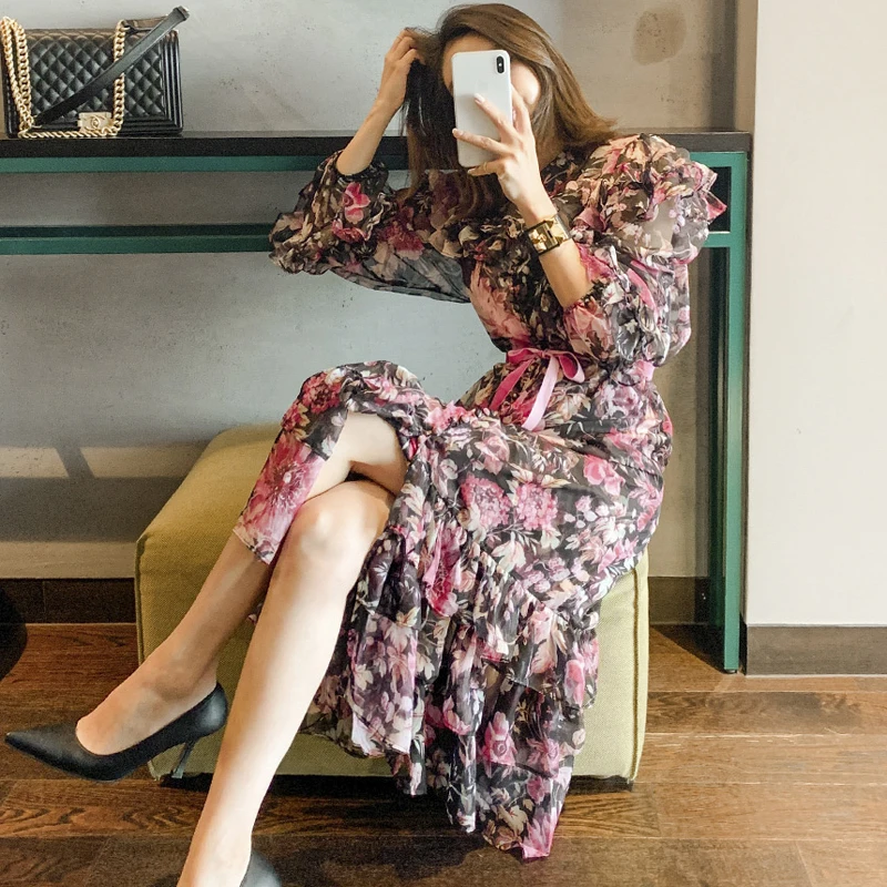 

Elegant Midi Dress For Women Long Sleeve High Waist Floral Print Belted Ruffles Slim Dresses Women 2021 Summer New Style Fashion