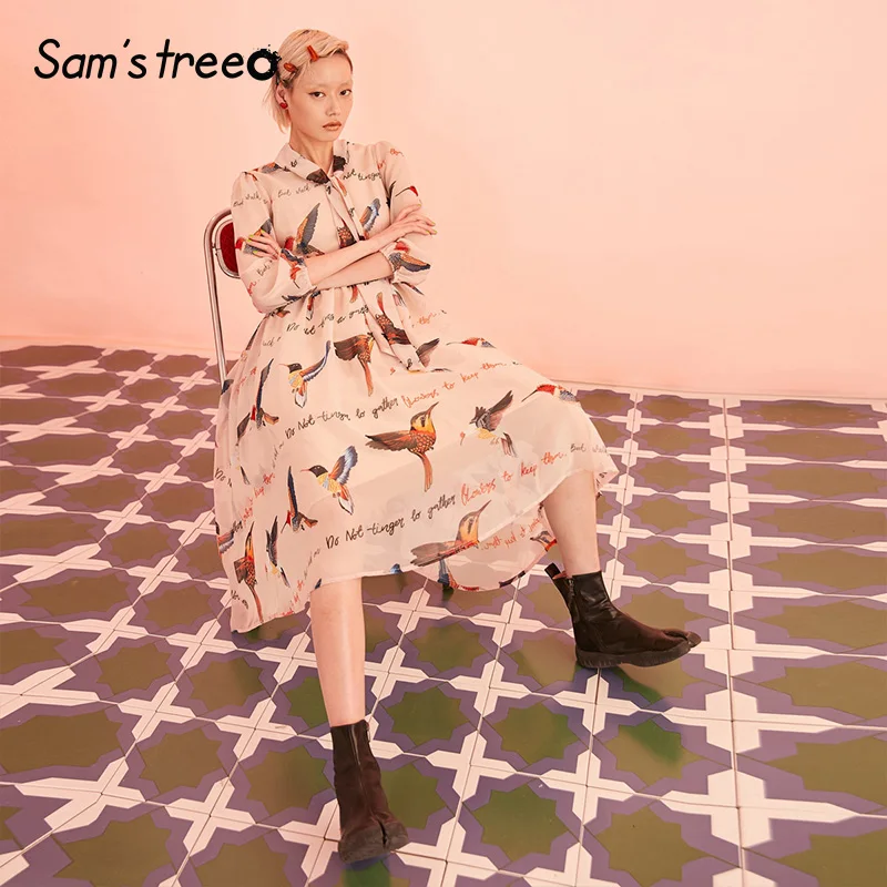 Samstree модное женское шифоновое платье с буквенным принтом, милое вечернее платье с бантом на шнуровке, элегантное праздничное платье трапециевидной формы со средней талией