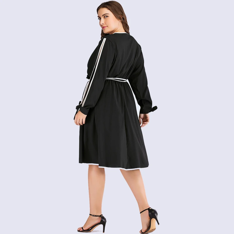 

XL-4XL Autumn Plus size Dress 2019 Casual Hollow Out Long Sleeve Office Dress Ladies Sexy V-neck Elastic Waist Large Size Dress