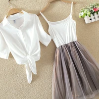 women dresses set summer clothes 2022 korean fashion short sleeve white chiffon shirt and midi casual mesh dress y524