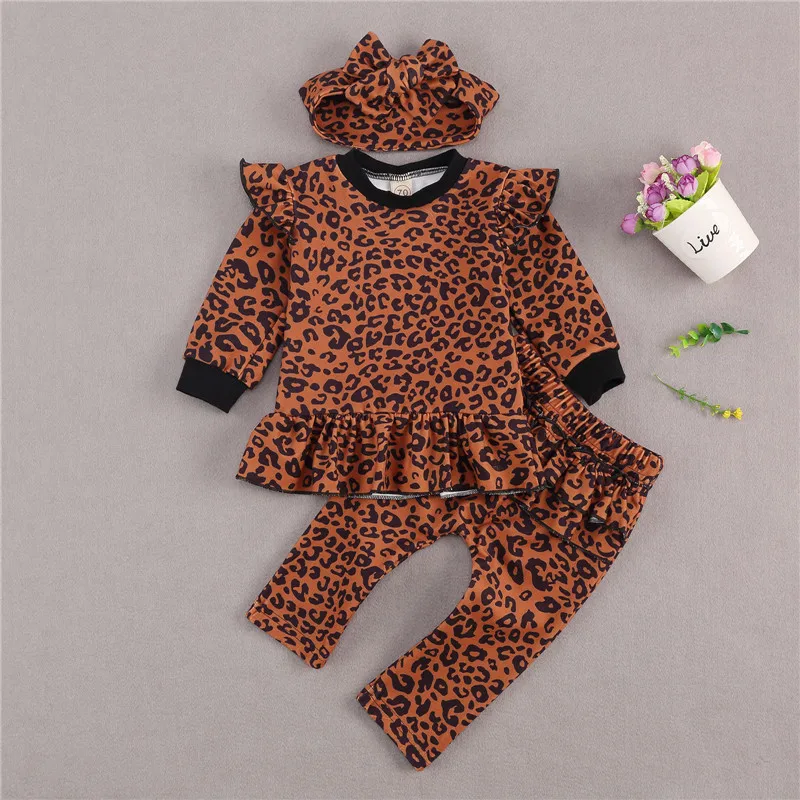 

Baby Girl Fashion Leopard Clothing Set Crewneck Top Ruffled Pants Headband 0-24M Toddler Kids Spring Fall Casual Cotton Outfit