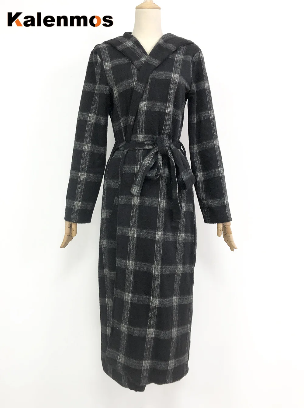 Клетчатое длинное пальто для женщин шерстяное с капюшоном Surchemise Francais куртки