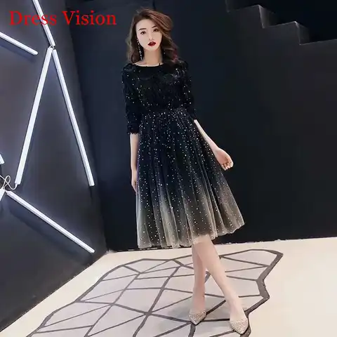 Robe De Soiree Evening Dresse Black O-Neck Half Sleeves Party Gowns вечернее платье Women's Dress Tulle