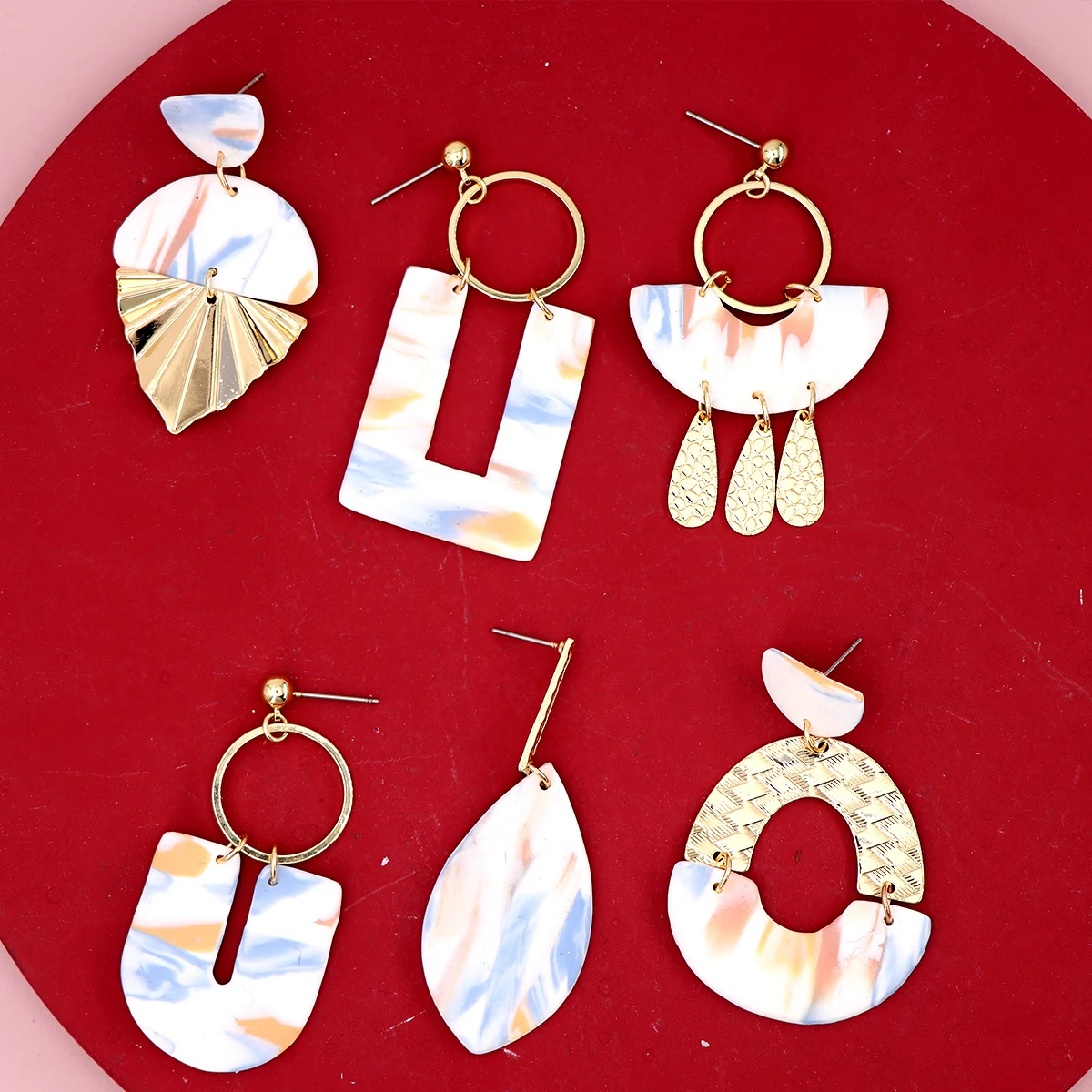 

2021 Trend 5 Korean Fashion Handmade Abstract Patterns Metal Polymer Clay Earrings Geometric Drop Dangle Pendant Statement
