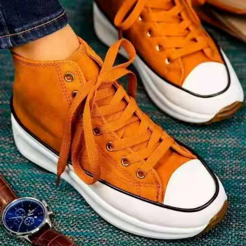 Женские парусиновые туфли на платформе кружевные высокие кеды круглый носок