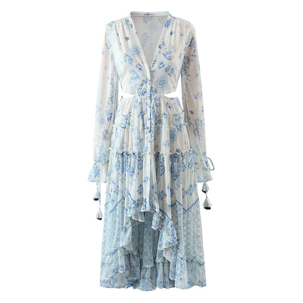 

2022 spring new style women's fashion chic heavy industry bright silk chiffon flared sleeves retro V-neck dress with waistles