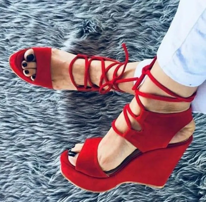 

Women's shoes, women's sandals, women's wedges, black sandals, 16cm sexy wedges, red sandals