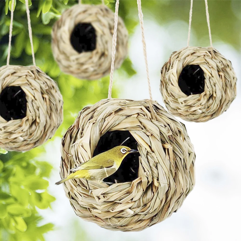 

3Pc Hand Woven Bird Houses Hanging Bird Hut 3Pc Birds Nest Bird Cage Natural Grass Egg Cage Decor Weaved Hanging Parrot Nest
