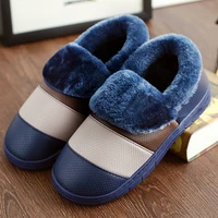 2021 winter house slippers men leather plush male shoes waterproof anti dirty warm fur slippers non slip cotton man indoor shoes