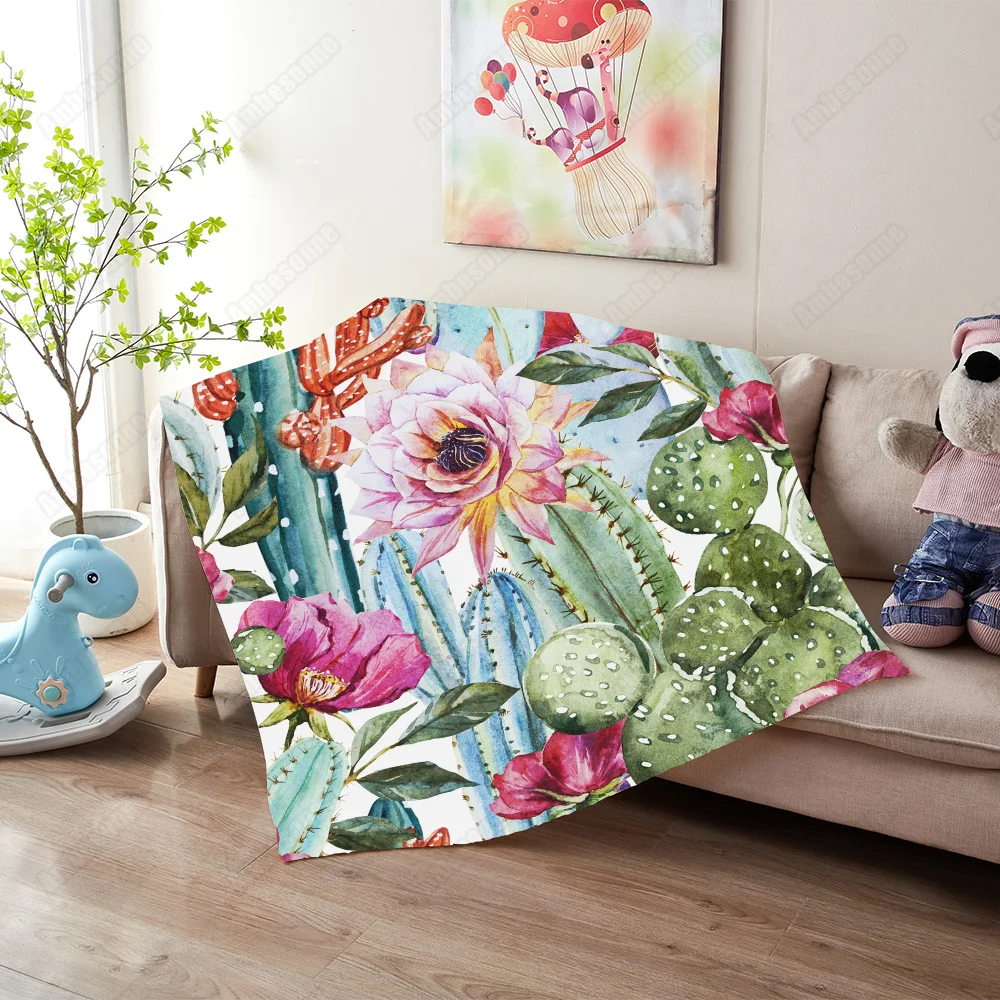 

Watercolor cactus pattern Throw Blanket Cartoon Sherpa Blanket Succulent Plants Soft Plush Bedspreads Cute Thin Quilt