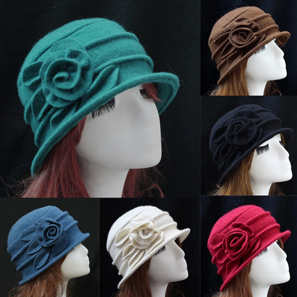 

7 Solid Colors Fashion Flower Vintage Women Wool Church Cloche Flapper Hat Lady Bucket Winter Flower Hat