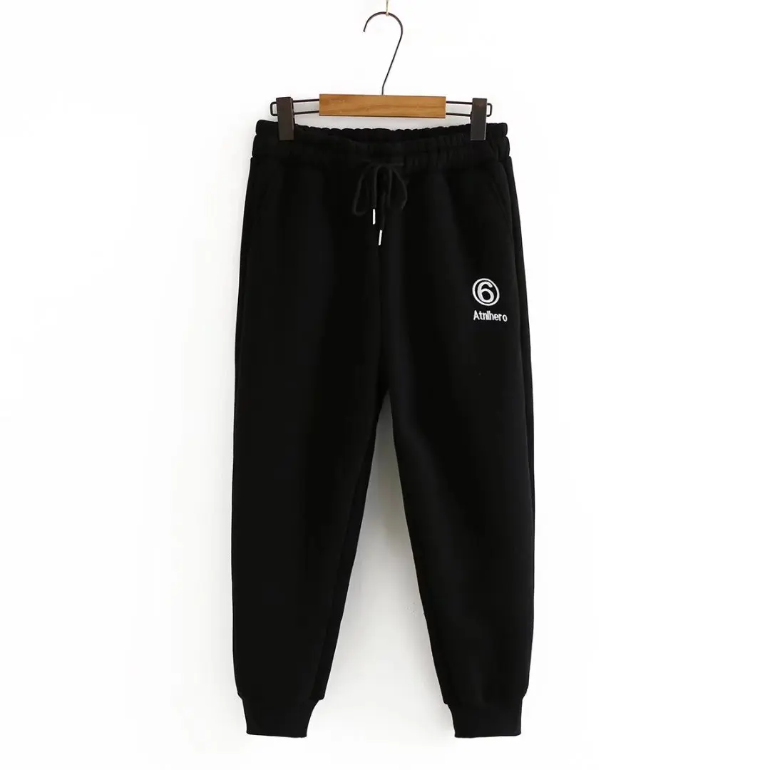 

Plus size women clothing 2021 autumn winter high waist letter embroidery Women's pants Lamb wool dark gray drawstring trousers