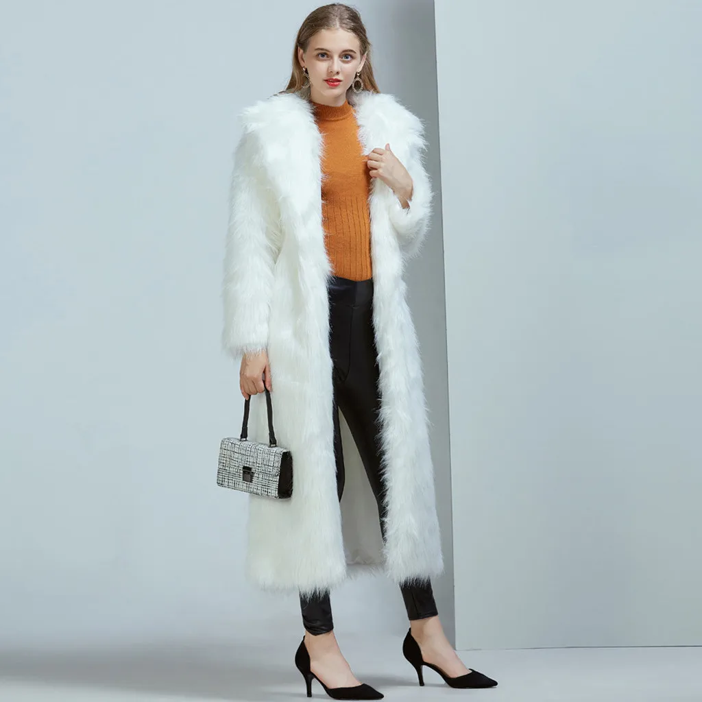 Ladies Faux Fur Wool Lamb Long Coat Fashion Women Outwear Long Sleeves Warm Coat Plush Jacket Long Overcoat Solid Plus Size