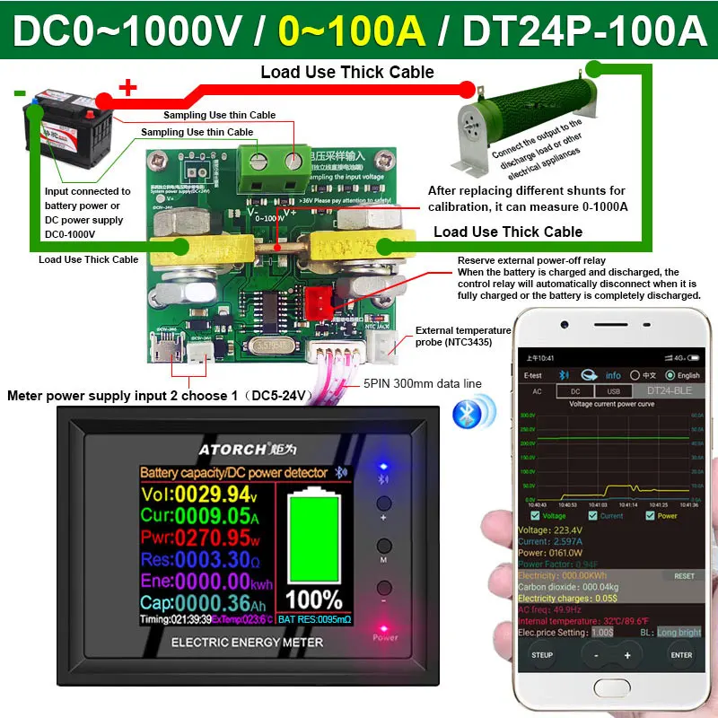 DT24P 0 ~ 1000 В 100A амперметр DC вольтметр мощности Амперметр тестер емкости батареи
