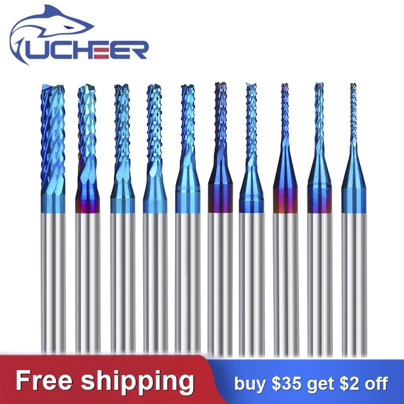 

UCHEER 10pcs set 3.175 PCB blue nano Corn milling Cutter Tungsten router bits cutting end mill for Engraving machine