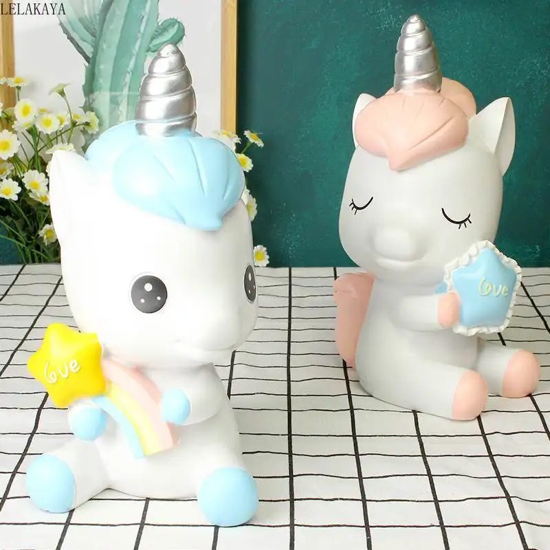 Rainbow Unicorn Cartoon Resin Animals Horse Anime Action Figure Printed Creative Kids Lovely Decoration Gift Piggy Bank Coin Box