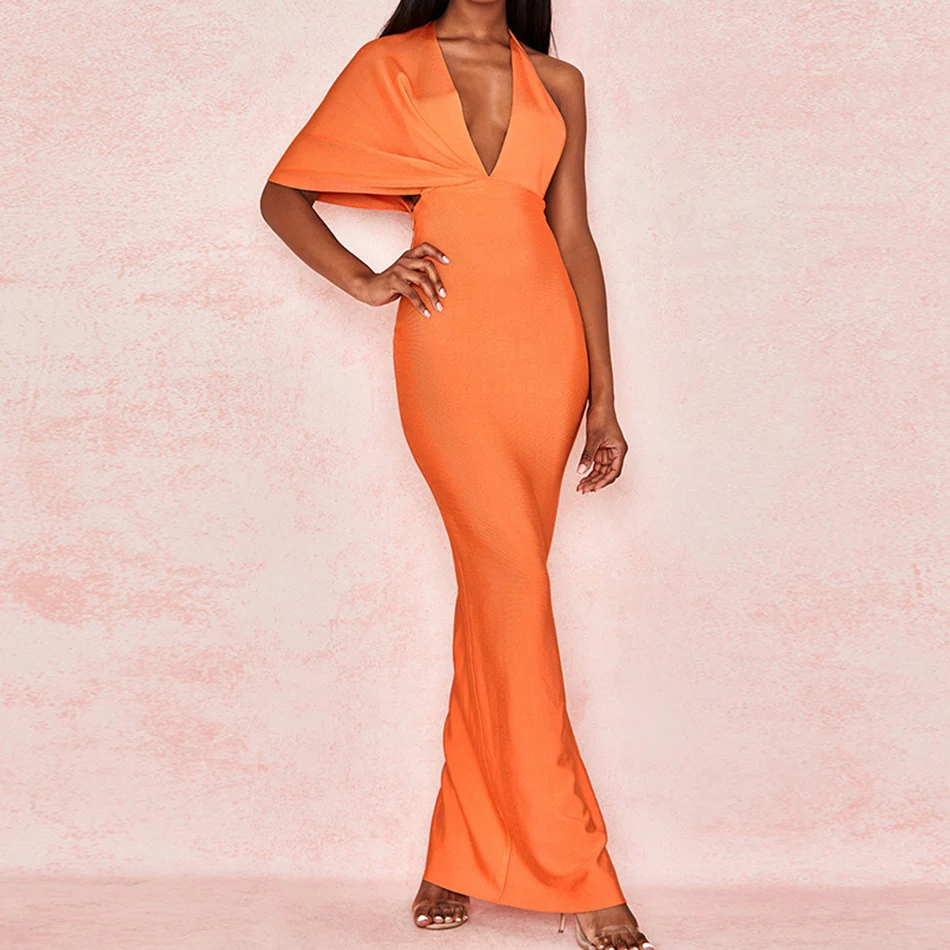 

Draped Backless Women Side Split Evening Party Dress 2021 Sexy V-neck Orange Black Long BandageDresses