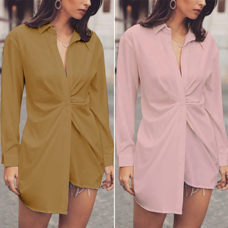 

2021 Stylish Summer Shirt Womens Solid Lapel Blusa Office Lady Casual Long Sleeve Tunic Oversize Streetwear Irregular Top
