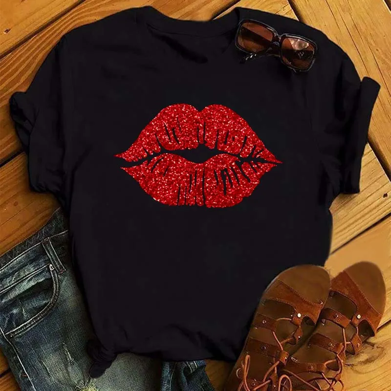 

Sexy Red Lips Print Women Tshirts Fashion Women Casual Short Sleeve O-neck T-shirt Tops Summer Plus Size Tops for Women