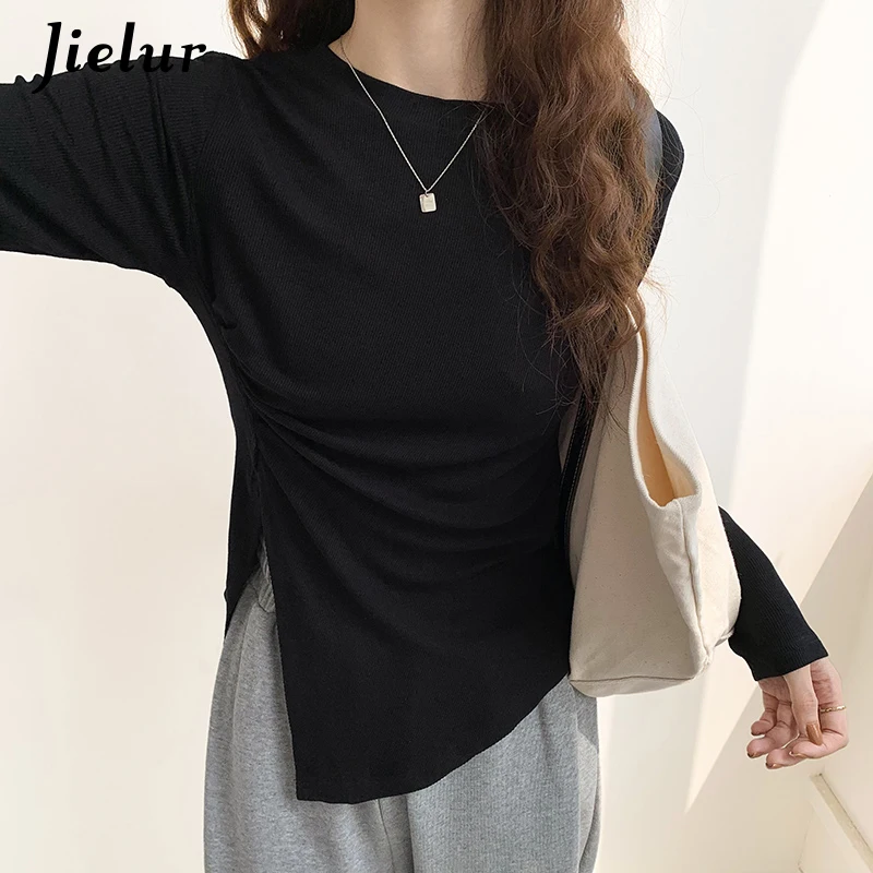 

Jielur Irregular Hem Side Splits Women T shirts Gray White Black Autumn New Fashion Creative Slim Bottoming Top Female T-shirt