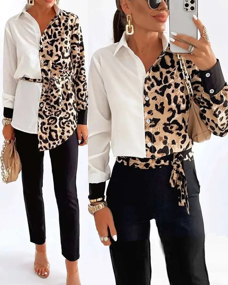 

Новинка 2021, женская рубашка в европейском и американском стиле с контрастным принтом, футболка с леопардовым принтом и цветными вставками н...