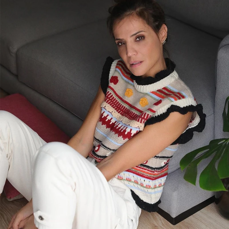 

Ardm Boho Pull Femme Hiver Vintage Applique Flower-shaped Texture Knitted Sweater Vest Female Waistcoat Chic Tops Pullover Women