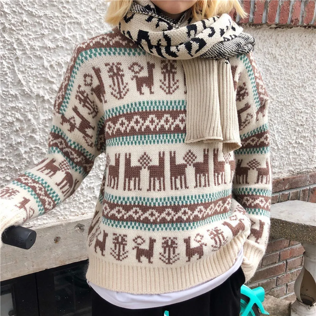 Женский Рождественский свитер вязаный пуловер с круглым вырезом и длинным