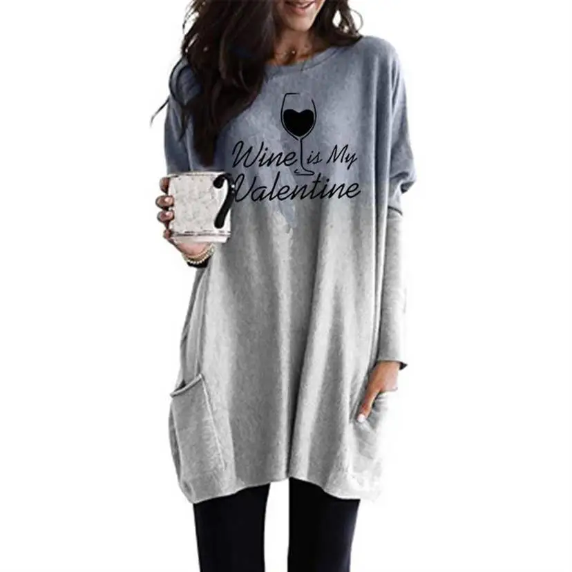 

Новая модная футболка с надписью Wine Is My Valentine, градиентная футболка с длинным рукавом и карманом для женщин, женская футболка больших размер...