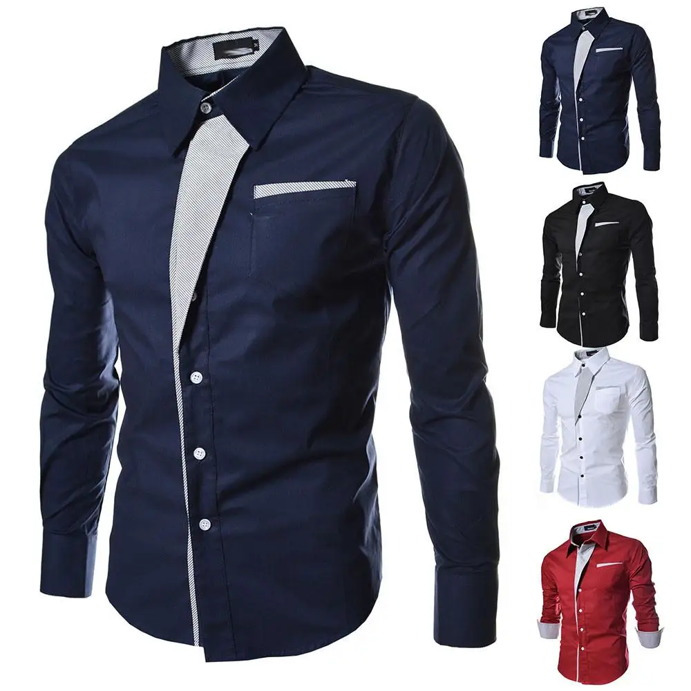 

Mens Striped Printed Slim Shirt Long Sleeve Button Formal Business Tops T Shirts Men