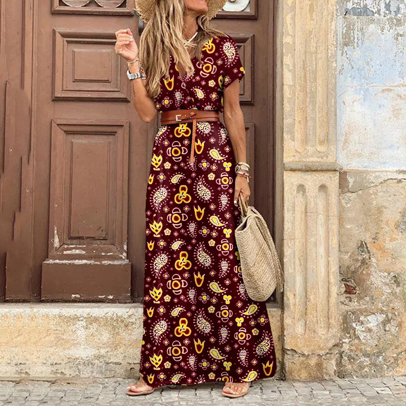 

2021 New Floral Print Long Dress With Belt Summer Casual Elegant Short Sleeve Beach Party Sexy V Neck High Split Women's Dress
