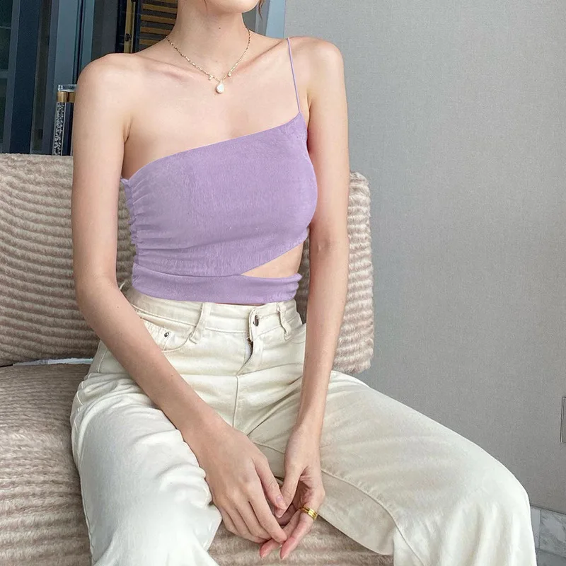 

New Irregular Crop Top Women Sexy Hollow Out Bodycon Vest Female 2021 Casual Single Strap Slash Neck Sleeveless Clothing Ladies