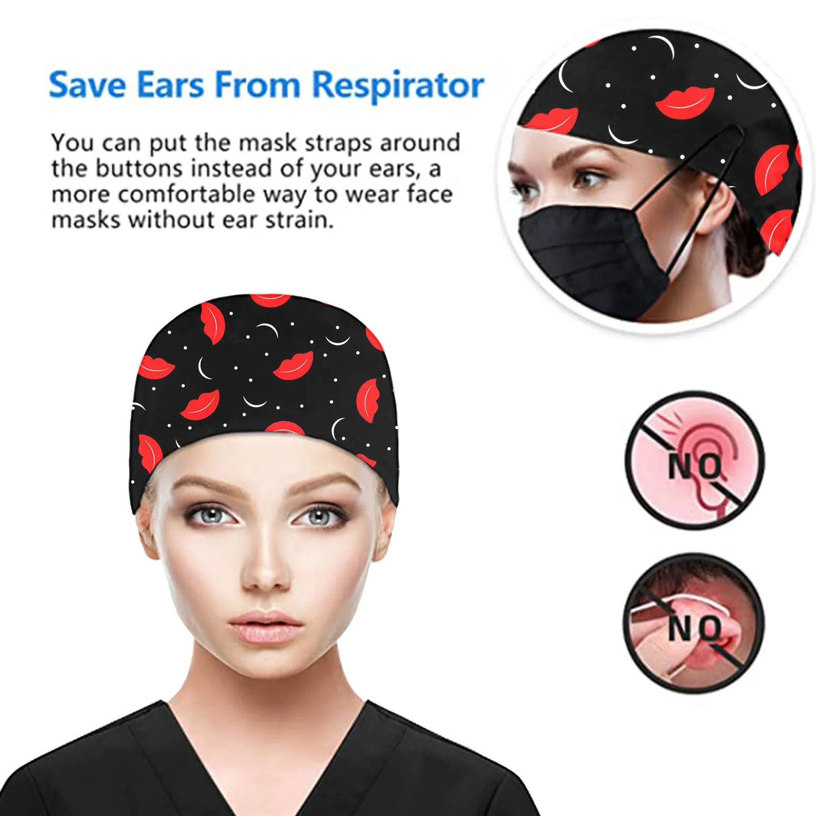 

Women Caps with Button Breathable Cartoon Printed Adjustable Hats Reuseable Bouffant Caps Hats Accessories