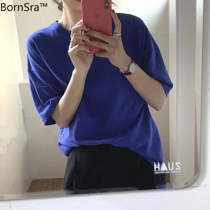

Bornsra Basic Solid-color Round-neck Short-sleeved T-shirt Women's 2021 Spring Korean Version of Loose-fitting Jacket T1566