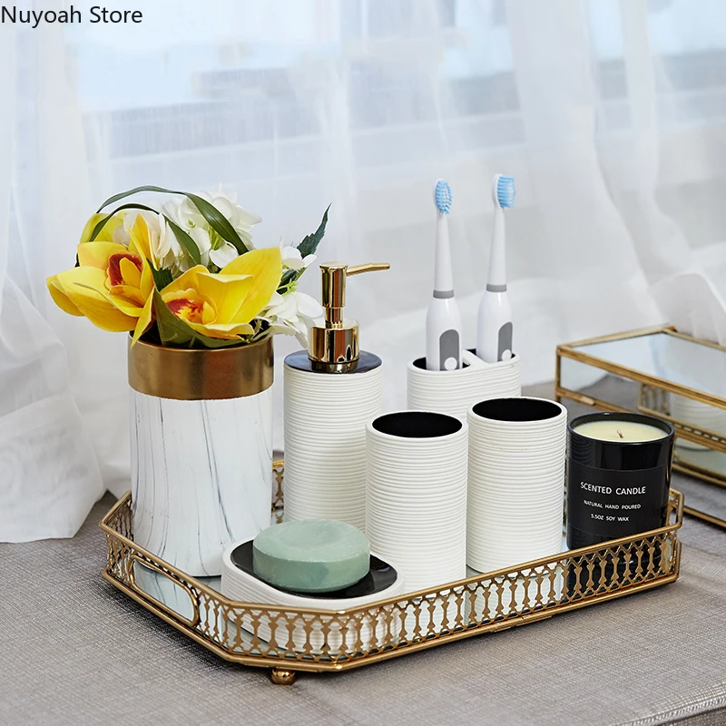 

European Style Matte Stripe Bathroom Set Ceramic Brushed Toothbrush Holder Cup Soap Dish Emulsion Bottle Bathroom Decoration