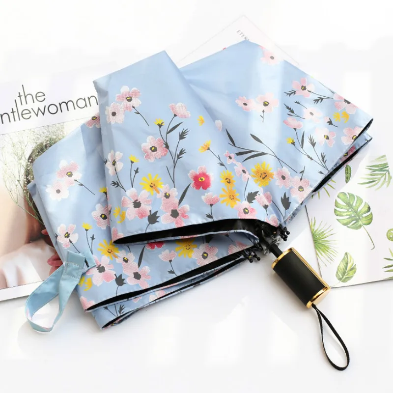 

Women Girls 3 Folding Sunny Umbrella Dual Use Fold Black Glue Sunscreen Parasol Gift Sunny and Rainy Umbrella