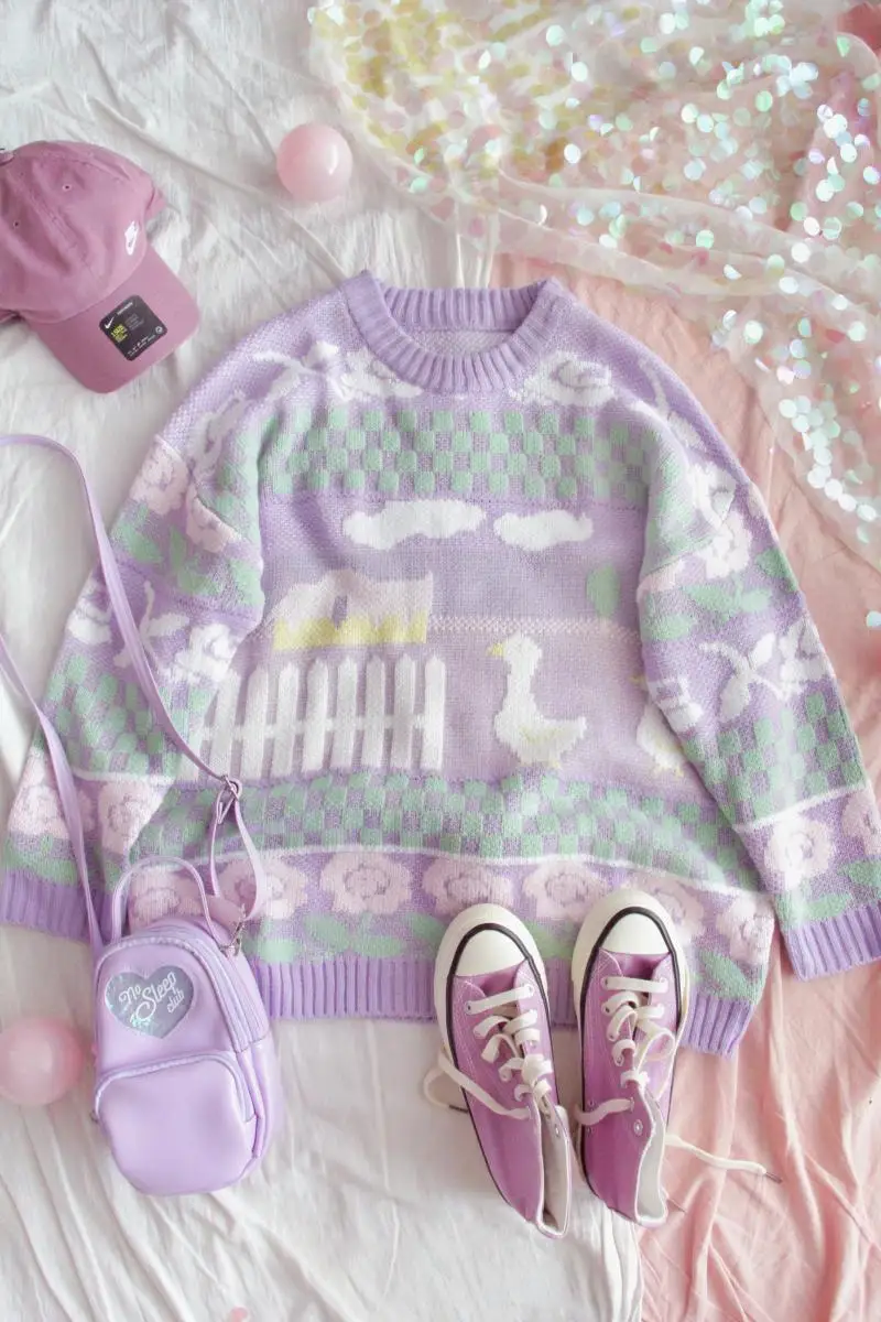

Autumn & Winter Women Sweater and Pullovers Sweet purple Duck Soft Sister Jumpers Teen Girls Long SLeeve Streetwear Knit Tops