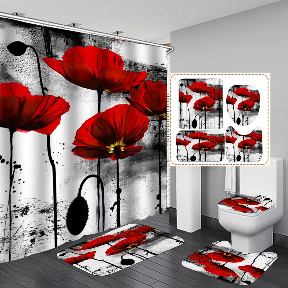 Red Flowers Pattern Fabric Shower Curtains Bathroom Curtain Set Non-Slip Rugs Toilet Lid Cover Mat Carpet Sets Home Decor | Дом и сад