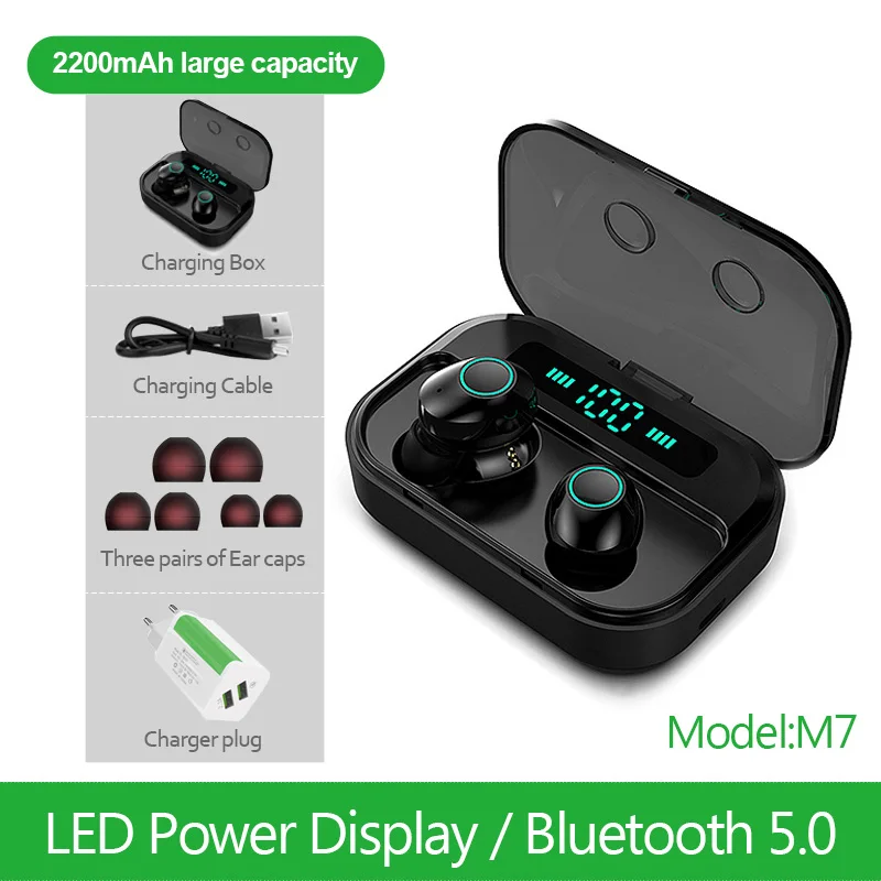 Charger-M7-Black FBYEG M7 TWS Bluetooth 5,0 наушники беспроводные наушники с дисплеем питания спортивные стерео беспроводные наушники гарнитура с зарядным устройством - Цвет: Charger-M7-Black