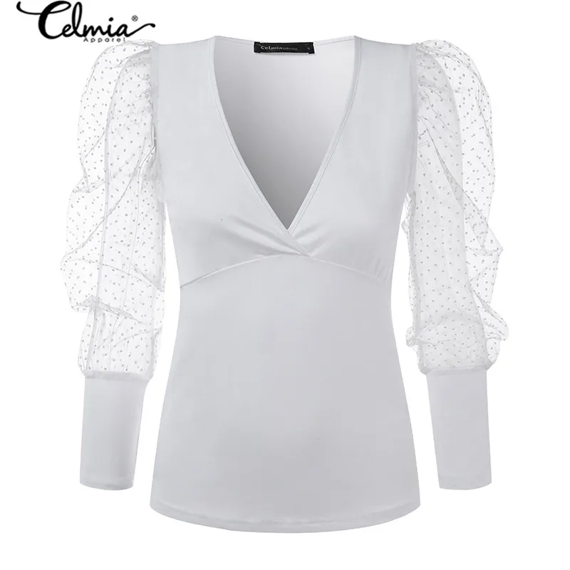 Блузка Celmia женская прозрачная в горошек пикантная сетчатая рубашка с длинным