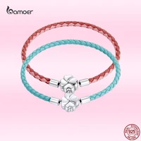bamoer new four leaf grass braided leather cord bracelet 925 sterling silver bracelet for women girls summer casual jewelry