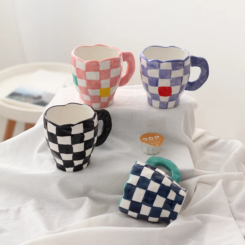 

Handmade Irregular Ceramic Cups Hand Painting Checkerboard Mugs For Coffee Tea Milk Water Personalized Couple Mug Microwave Safe