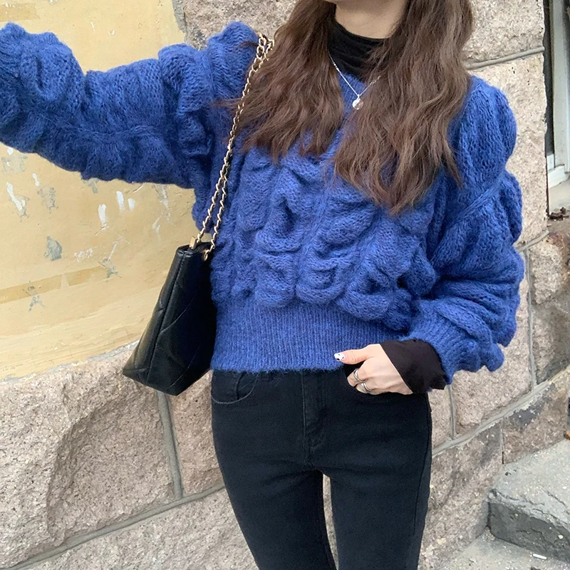 

Autumn Winter Fashion Clothes O-neck Loose Knitted Sweaters for Women Puff Long Sleeve Solid Pullovers Hipster Ins New Crop Top