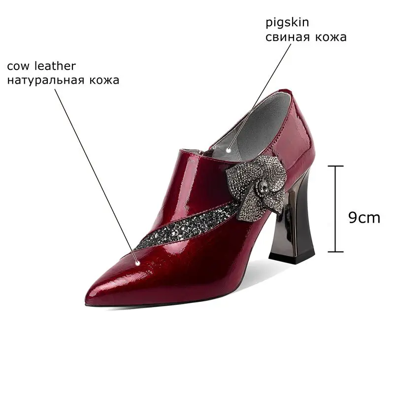 

ALLBITEFO wine red genuine leather women high heel shoes bling flower fashion party wedding shoes women heels shoes high heels